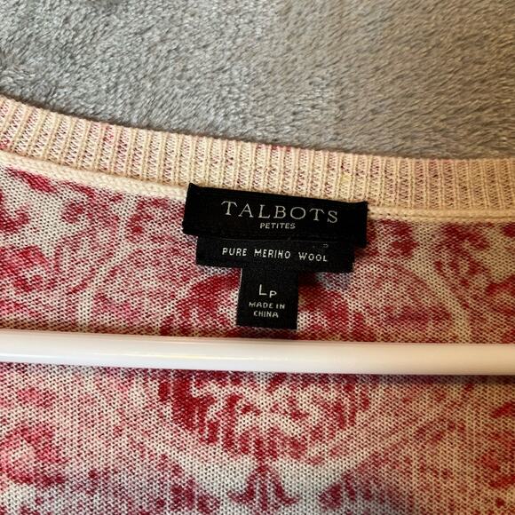 TALBOTS Orange Paisley Pure Merino Wool Cardigan Sweater Size Large Petite LP - Picture 4 of 6